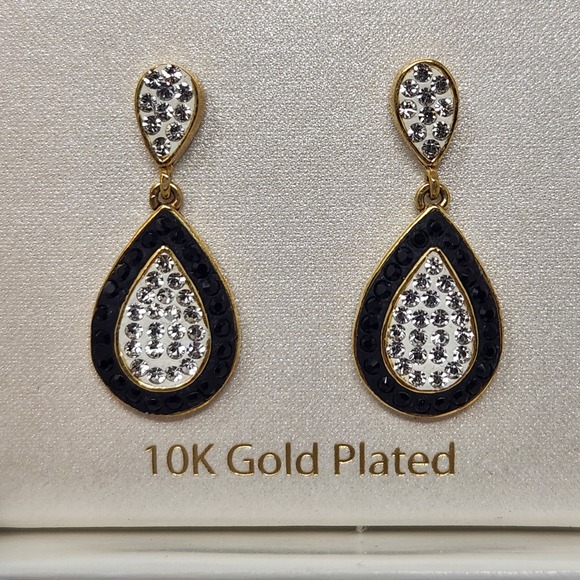 Black Clear Crystal 10K Gold Plated Dangle Drop Post Earrings Pierced Teardrop - Picture 2 of 6